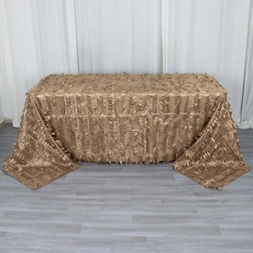 Taupe 3D Leaf Petal Taffeta Fabric Seamless Rectangle Tablecloth 90"x132" for 6 Foot Table With Floor-Length Drop