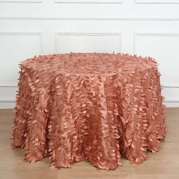 Terracotta (Rust) 3D Leaf Petal Taffeta Fabric Seamless Round Tablecloth - 120" for 5 Foot Table With Floor-Length Drop