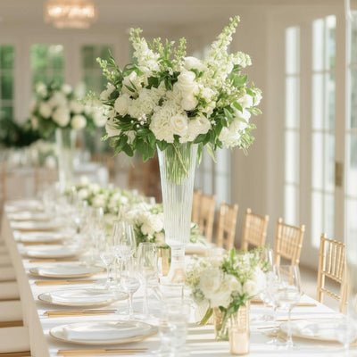 2-Pack Glass Trumpet Vases Ribbed Design 32" Clear - Heavy Duty Floral Wedding Centerpieces