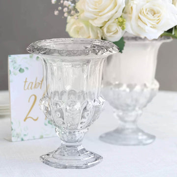 2 Pack Clear Glass Flower Vases in Classic Roman Urn Style, Mini Pedestal Vase Table Centerpieces - 8"