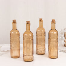 Set of 4 Amber Gold Vintage Embossed Glass Bottles with Corks, 16oz Large Decorative Wine