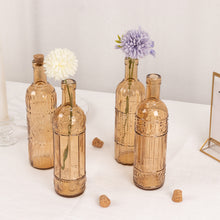 Set of 4 Amber Gold Vintage Embossed Glass Bottles with Corks, 16oz Large Decorative Wine