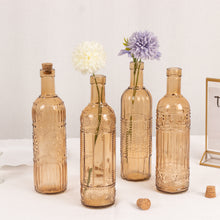 Set of 4 Amber Gold Vintage Embossed Glass Bottles with Corks, 16oz Large Decorative Wine