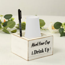 Rustic Whitewashed Wooden Solo Cup Holder with Black Marker Pen, Square Farmhouse Party Cup