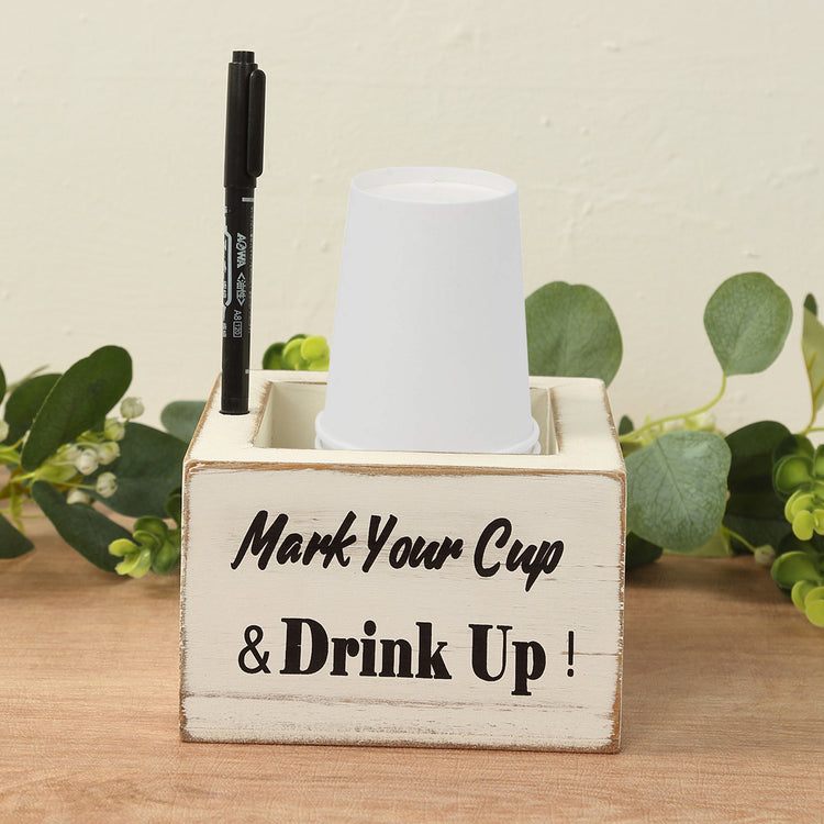 Rustic Whitewashed Wooden Solo Cup Holder with Black Marker Pen, Square Farmhouse Party Cup