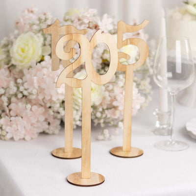 Set of 20 Wooden Wedding Table Numbers 1-20 Natural with Round Holder Base 11" Tall - Rustic Signs for Event Decor