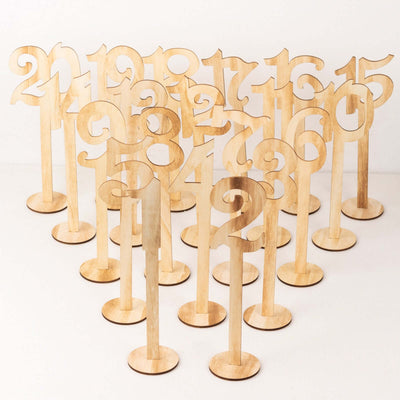 Set of 20 Wooden Wedding Table Numbers 1-20 Natural with Round Holder Base 11" Tall - Rustic Signs for Event Decor