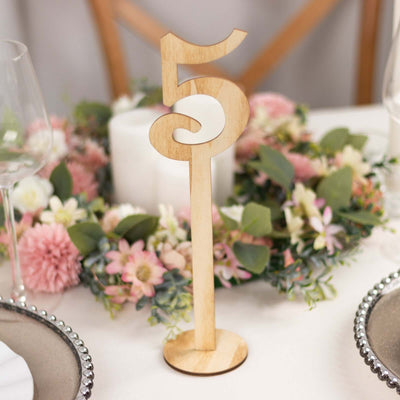Set of 20 Wooden Wedding Table Numbers 1-20 Natural with Round Holder Base 11" Tall - Rustic Signs for Event Decor