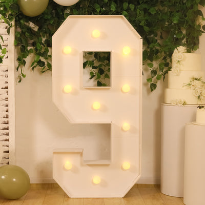 4ft Giant LED Marquee Number "9", White Pre-Cut Foam Board with 10 Warm White Battery Operated LEDs, Glue Gun and Sticks