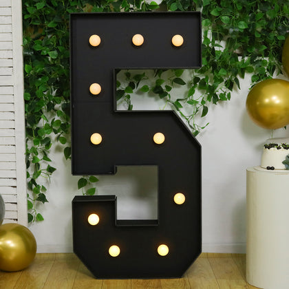 4ft Giant LED Marquee Number "5", Black Pre-Cut Foam Board with 10 Warm White Battery Operated LEDs, Glue Gun and Sticks