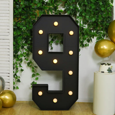 4ft Giant LED Marquee Number "9", Black Pre-Cut Foam Board with 10 Warm White Battery Operated LEDs, Glue Gun and Sticks