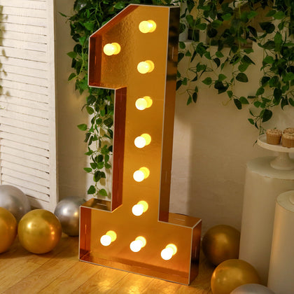 4ft Giant LED Marquee Number "1", Gold Pre-Cut Foam Board with 10 Warm White Battery Operated LEDs, Glue Gun and Sticks