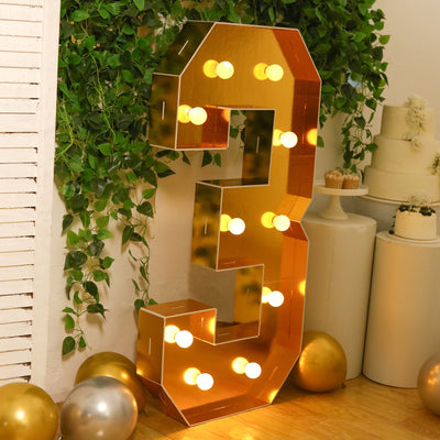 4ft Giant LED Marquee Number "3", Gold Pre-Cut Foam Board with 10 Warm White Battery Operated LEDs, Glue Gun and Sticks