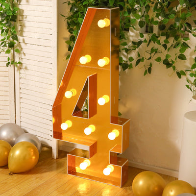 4ft Giant LED Marquee Number "4", Gold Pre-Cut Foam Board with 10 Warm White Battery Operated LEDs, Glue Gun and Sticks