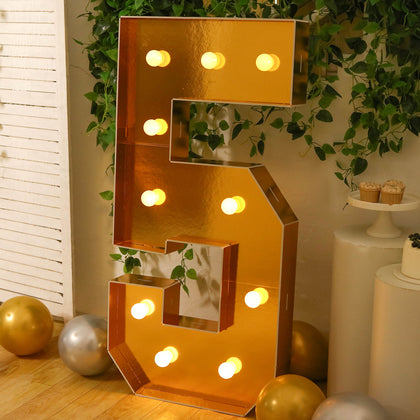 4ft Giant LED Marquee Number "5", Gold Pre-Cut Foam Board with 10 Warm White Battery Operated LEDs, Glue Gun and Sticks