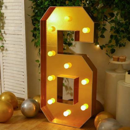 4ft Giant LED Marquee Number "6", Gold Pre-Cut Foam Board with 10 Warm White Battery Operated LEDs, Glue Gun and Sticks