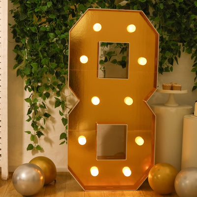 4ft Giant LED Marquee Number "8", Gold Pre-Cut Foam Board with 10 Warm White Battery Operated LEDs, Glue Gun and Sticks