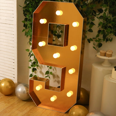 4ft Giant LED Marquee Number "9", Gold Pre-Cut Foam Board with 10 Warm White Battery Operated LEDs, Glue Gun and Sticks