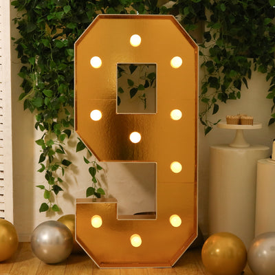 4ft Giant LED Marquee Number "9", Gold Pre-Cut Foam Board with 10 Warm White Battery Operated LEDs, Glue Gun and Sticks
