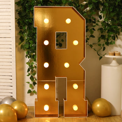 4ft Giant LED Marquee Letter "R", Gold Pre-Cut Foam Board with 10 Warm White Battery Operated LEDs, Glue Gun and Sticks