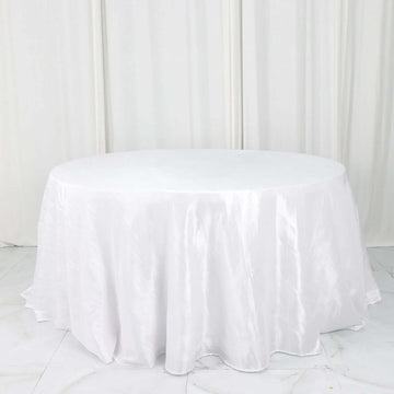 White Accordion Crinkle Taffeta Seamless Round Tablecloth 132" for 6 Foot Table With Floor-Length Drop