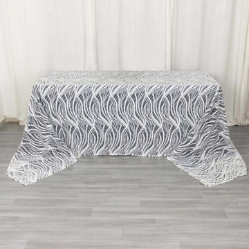 White Black Wave Mesh Rectangular Tablecloth With Embroidered Sequins 90"x156" for 8 Foot Table With Floor-Length Drop