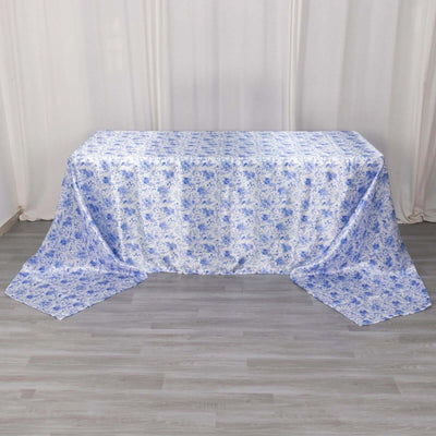 Satin Rectangular Tablecloth 90"x156" White/Blue French Toile Design - Seamless, Polished & Wrinkle-Resistant Table Cover