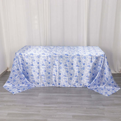 Satin Rectangular Tablecloth 90"x132" White/Blue French Toile Design - Seamless, Polished & Wrinkle-Resistant Table Cover