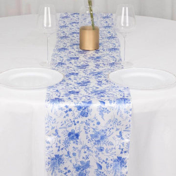 White Blue Satin Table Runner in French Toile Floral Pattern - 12"x108"