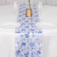 White Blue Satin Table Runner in French Toile Floral Pattern#whtbkgd