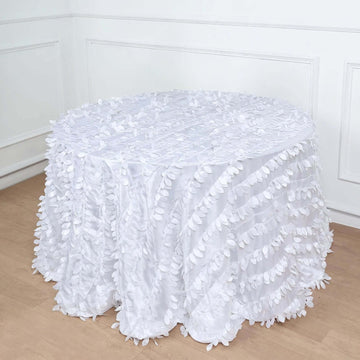 White 3D Leaf Petal Taffeta Fabric Seamless Round Tablecloth 120" for 5 Foot Table With Floor-Length Drop