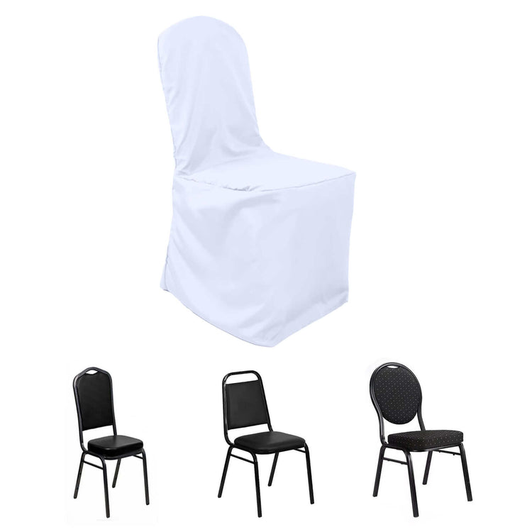 White Polyester Banquet Chair Cover, Reusable Stain Resistant Slip On Chair Cover