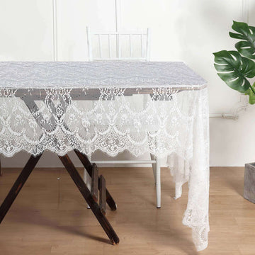 White Premium Lace Seamless Rectangle Tablecloth, Vintage Lace Table Cover With Scalloped Frill Edges 60"x120"