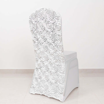 White Satin Rosette Spandex Stretch Banquet Chair Cover, Fitted Slip On Chair Cover