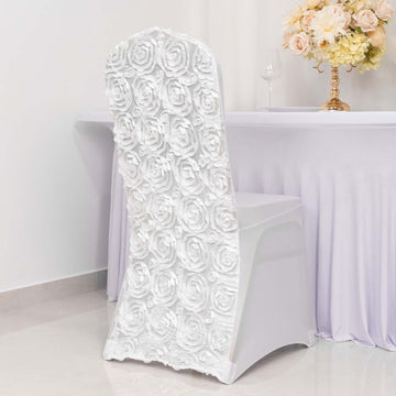 White Satin Rosette Spandex Stretch Banquet Chair Cover, Fitted Slip On Chair Cover