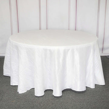 White Seamless Accordion Crinkle Taffeta Round Tablecloth 120" for 5 Foot Table With Floor-Length Drop