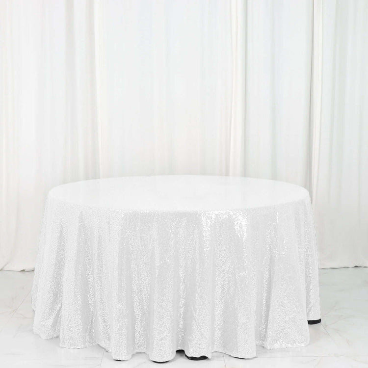 120" White Premium Sequin Round Tablecloth