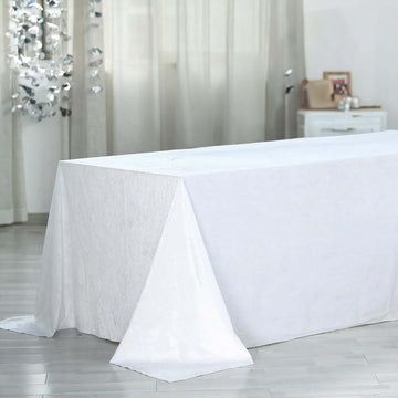 White Seamless Premium Velvet Rectangle Tablecloth, Reusable Linen 90"x156" for 8 Foot Table With Floor-Length Drop