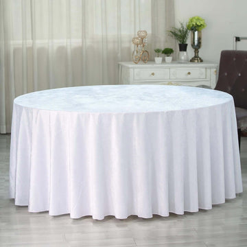 White Seamless Premium Velvet Round Tablecloth, Reusable Linen 120" for 5 Foot Table With Floor-Length Drop