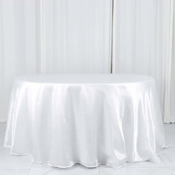 White Seamless Satin Round Tablecloth 132" for 6 Foot Table With Floor-Length Drop