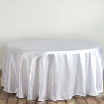 White Seamless Satin Round Tablecloth 120" for 5 Foot Table With Floor-Length Drop