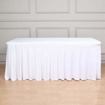 White Wavy Spandex Fitted Rectangle 1-Piece Tablecloth Table Skirt 6ft, Stretchy Table Skirt Cover with Ruffles For 72"x30" Tables