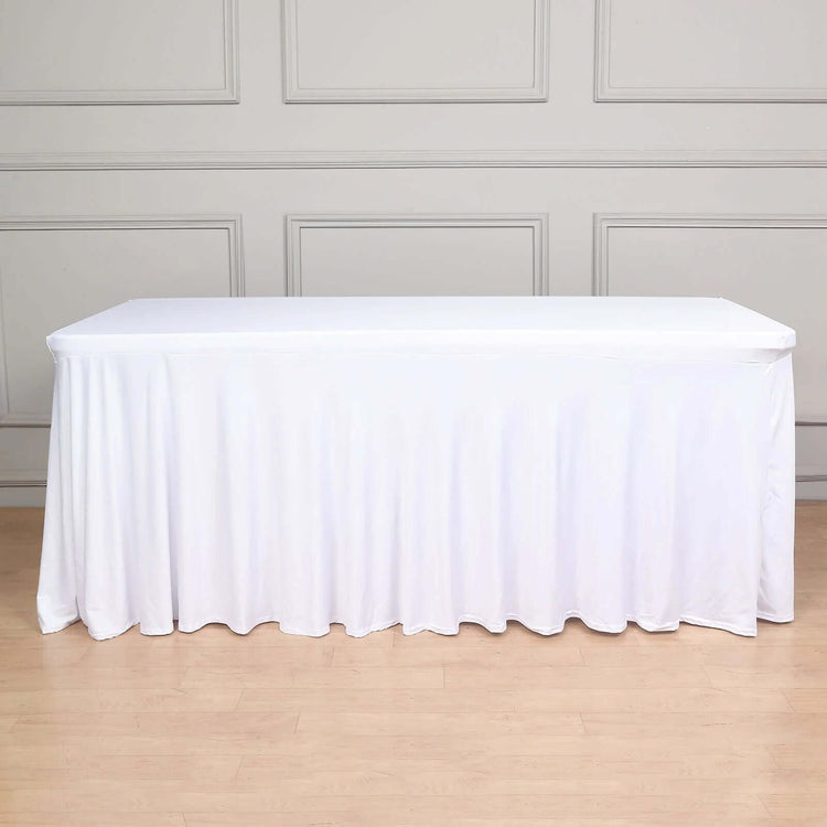 6 Feet White Wavy Spandex Tablecloth Fitted Rectangle Table Skirt