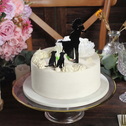 Acrylic Cake Toppers 7" Black Silhouette Design of Bride, Groom, and Pet Dogs - Wedding Cake Decoration Set