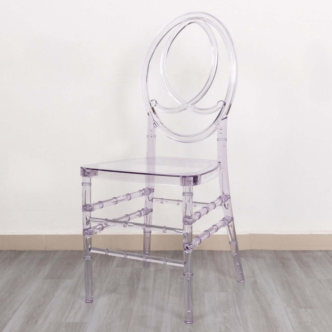 Stackable Clear Acrylic Phoenix Chiavari Ghost Chair, Transparent Resin Armless Oval Back