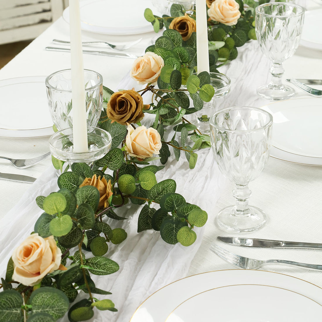 Artificial Eucalyptus Garland with Cream/Gold Silk Roses