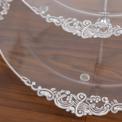 3-Tier Clear Plastic Cupcake Stand Holder with Silver Embossed Baroque Rim, Round Cake Dessert Display Stand Tiered Serving Tray with Top Handle - 13"