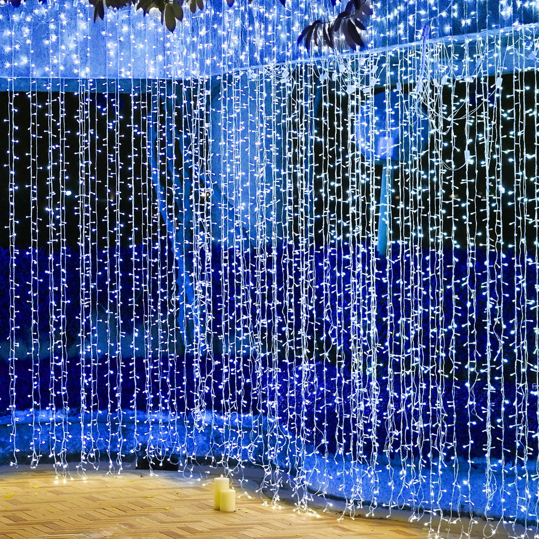 Blue 300 LED Icicle Curtain Fairy String Lights with 8 Modes 10ft