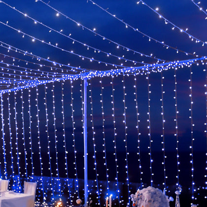 Blue 600 LED Curtain String Lights with 8 Modes, Plug In Connectable Twinkle Fairy Lights - 10ftx20ft