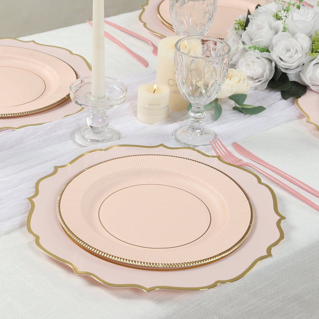 25-Pack Paper Round Dinner Plates 10inch Blush Sunray Design with Gold Rim - 350GSM Heavy Duty